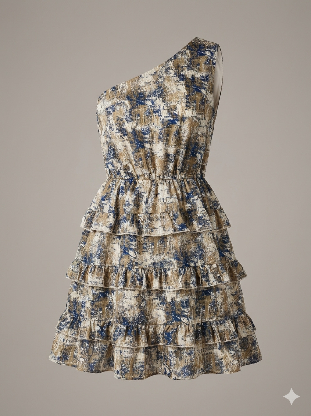 She + Sky One Shoulder Lined Dress In Cream Brown Navy Print Size L